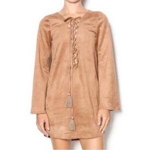 OLIVACEOUS ~ Tan Vegan Suede Dress with Bell Sleeves and Tie Detail ~Size Med